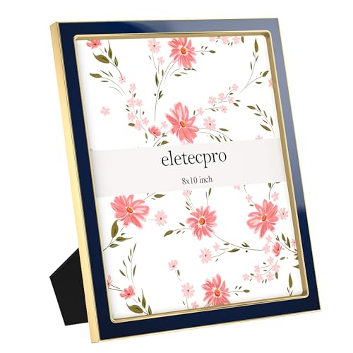 Image of eletecpro 8x10 Enamel Picture Frame with Real Glass Cover, Cute Photo Frame with Gold Metal Edge, Horizontal and Vertical Display Pictures 8 by 10 for Tabletop and Wall Decor, Navy, 1 Pack