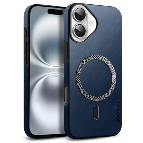 Image of KARWAN Shockproof Hybrid Leather Finish Back Case Cover Compatible with iPhone 16 with Wireless MagEaze Charging Cover, Anti-Scratch Shield Case with Strong Minimalist Design (Blue)