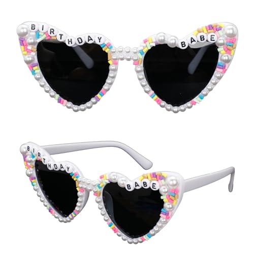 Rowbaty Heart Shaped Birthday Glasses for Women, Rhinestone & Pearl Decorated Sunglasses, Birthday Party Accessories Gifts for Her, White