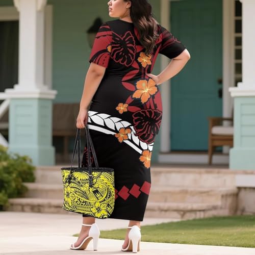 Image of Puletasi Samoan Traditional 2 Piece Outfits for Women Short Sleeve Crop Top and Maxi Skirt Sets Puletasi Dress