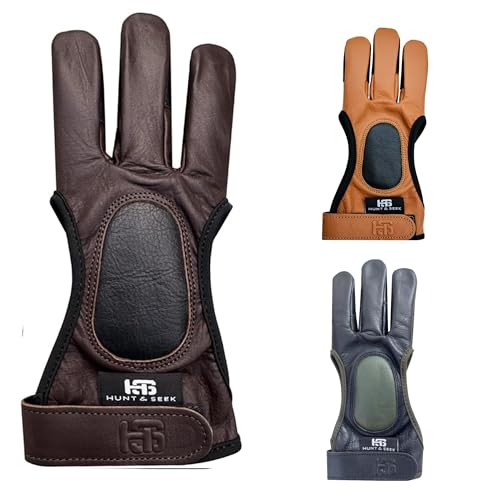 Hunt & Seek Cow Leather Three Finger Archery Glove for Recurve & Compound Bow – Finger Tab Accessory (Brown, Small)