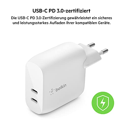 Belkin 40-W-USB-C-PD-Ladegerät (2 USB-C-Ports mit 20 W je Port, Schnellladen mit Power Delivery für das iPhone 14, 13, oder 12, iPad Pro… – Ansicht 4