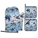 Fish and Octopus Printed Oven Mitts and Pot Holders Heat Resistant Kitchen Glove Set Kitchenware for Cooking Chefs Baking Grilling and BBQ
