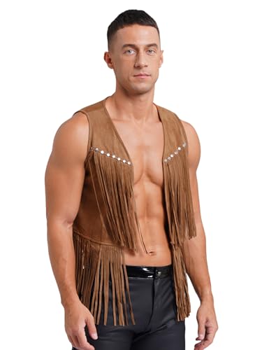 Jugaoge Men Fringe Vest Studded Detail Open Front 70s Hippie Suede Jacket Cowboy Western Tassel Tops2