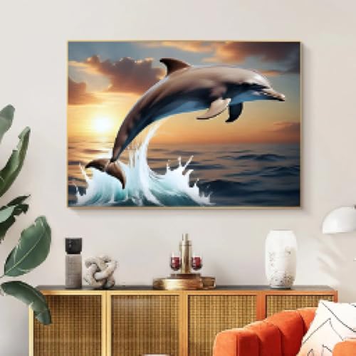 Coucher de soleil sur l'océan en peinture toile dauphin pour décorer un salon chaleureux - 2