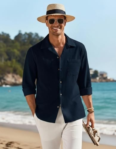 Image of Combo of Men's Casual Cotton Blend Shirt || Long Sleeve Button Down with Spread Collar | Lightweight Breathable Fabric | Stylish Solid Shirt for Beach, Office & Everyday Wear Pack of 2
