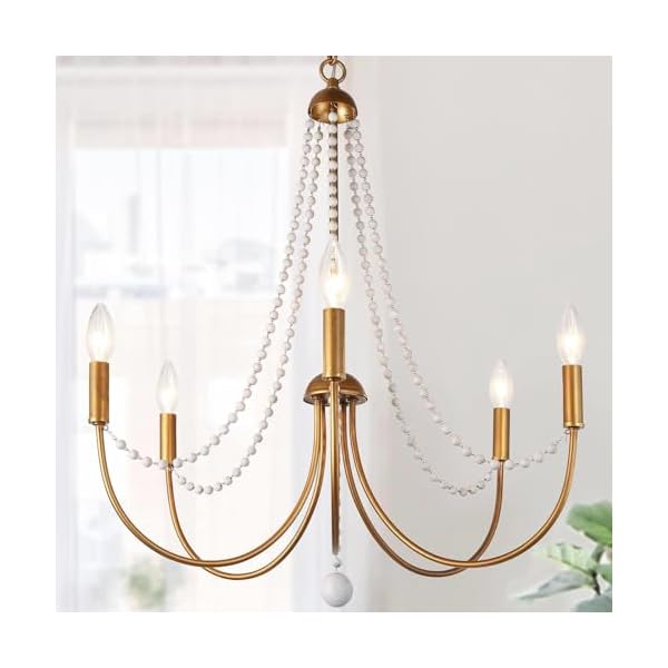 KSANA Antique Brushed Gold Chandeliers, Modern 5-Light Dining Room Chandelier Light Fixture with Wood Beads for Kitchen Island, Bedroom and Living Room