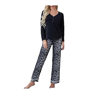 OKLQ Pyjama Femme,Soft Two Pieces Pjs Sets, Leopard Print Pyjama Lounge Set, Automne Confortable Manches Longues Tops Et Pantalons Sleepwear & Ceinture Élastiquée