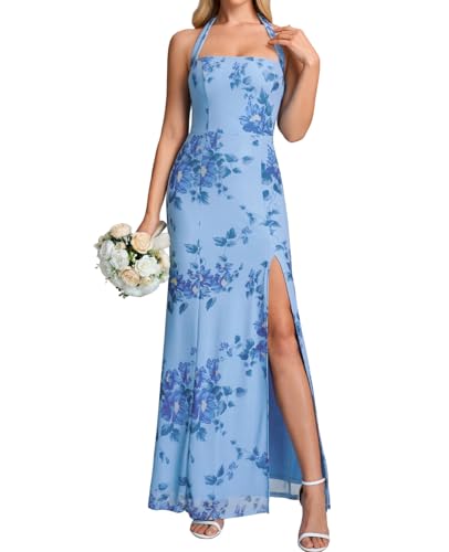 XinFSh Women's Halter Wedding Guest Maxi Dress Floral Mesh Bodycon High Slit Long Formal Cocktail...