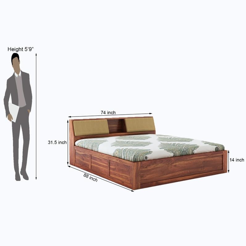 Image of STRATA FURNITURE Sheesham Wood King Size Bed with Hydraulic and Headboard Storage for Living Room Home Bedroom | Wooden Double Bed Cot Palang Furniture (Honey Finish)