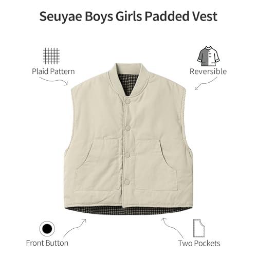 Seuyae 4T Boys Reversible Vest Plaid Sleeveless Cotton Padded Vests with Pockets Light Khaki