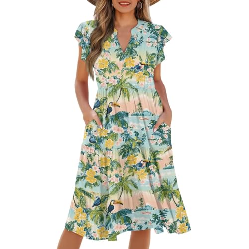 Image of Womens Summer Dress Ruffle Sleeve V Neck Dress Casual Fit Flowy Beach Vacation Sundress with Pocket S-2XL