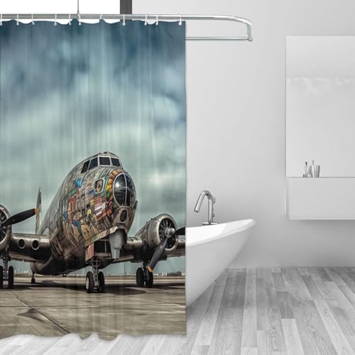 Rideau de douche anti éclaboussures motif avion avec ses 12 crochets