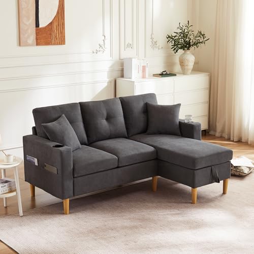 Coolywood Sofá de 3 plazas con chaise longue, espacio de almacenamiento, soporte integrado para bebidas, viene con 2 cojines (gris oscuro)
