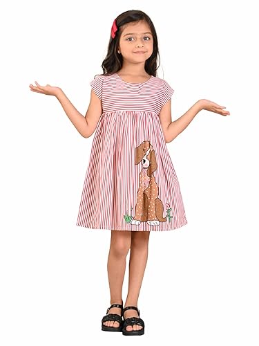Image of LILPICKS Dog Printed Stripes Fit n Flare DressFor Girls (Red White)