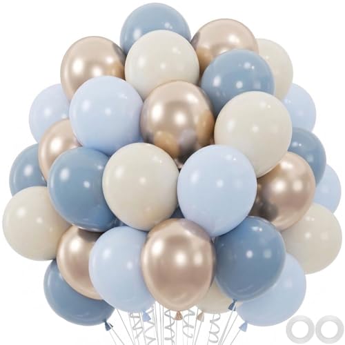 Image of 100pcs Dusty Blue Balloon Set | 12-Inch Baby Slate Blue, Sand White & Champagne Gold Confetti Balloons | Elegant Decor for Baby Shower, Wedding, Graduation & Boys' Birthday (2 Ribbons)