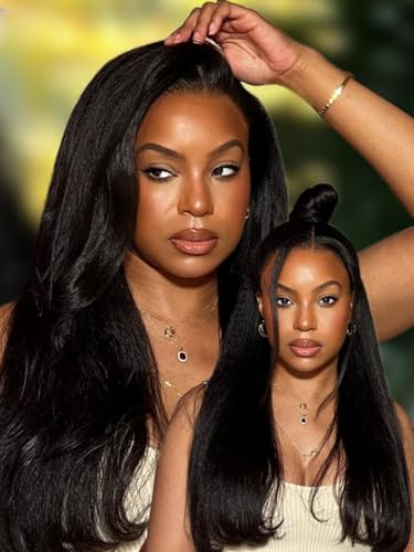 Image of Sunber Yaki Straight Human Hair Bye Bye Knots Pre Cut 7x5 Lace Front Wigs with Drawstring Upgrade 3D Cap Put On and Go 3S Wear Glueless Yaki Wigs Pre Plucked Pre Bleached Invisible Knots 20Inch