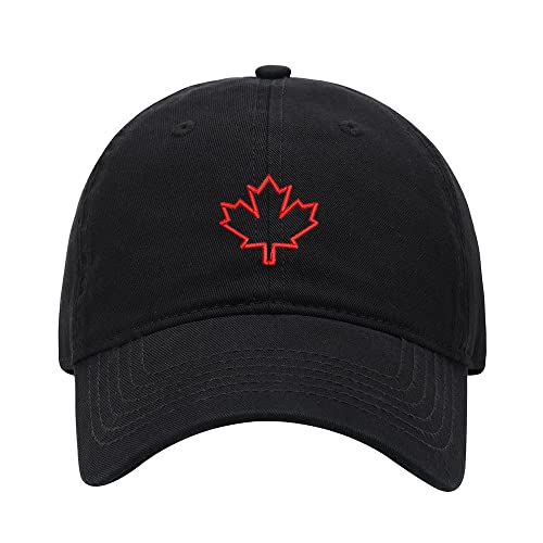 Mens Baseball Cap Canadian Maple Leaf Embroidered Washed Cotton Vintage Dad Gifts Hat (Black)
