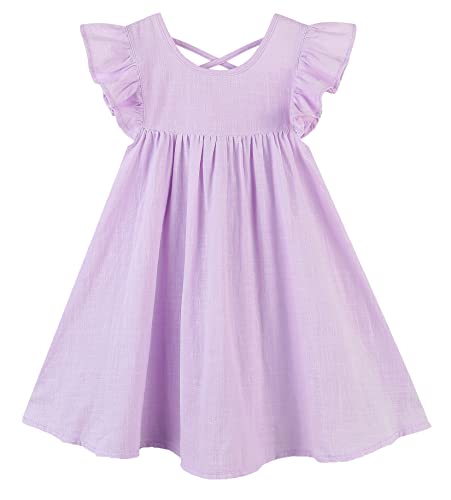 GSVIBK Baby Girls Linen Cotton Dress Halter Flutter Sleeve Casual Dress Toddler Girl Ruffle Sleeve Dress 686 Lavender 80