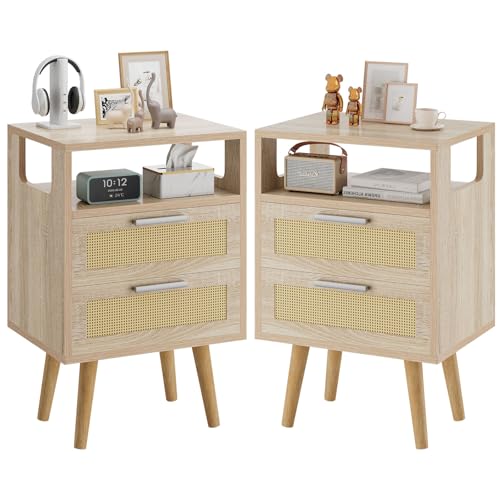 YMYNY Mesita de Noche de Ratán, Juego de 2, Mesa Auxiliar, Mesa de café, Mesilla de Noche con 2 Cajónes, Comoda Boho, Piernas de Madera Maciza, para Dormitorio, Oficina, Salón, Natural HST015N-2