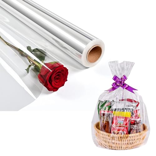 Image of Tezraftaar® 1 x Cellophane Wrap for Hamper 100m x 80cm Crystal Clear Plastic Gift Flowers Wrapping Roll for Christmas Flower Pot Decorating
