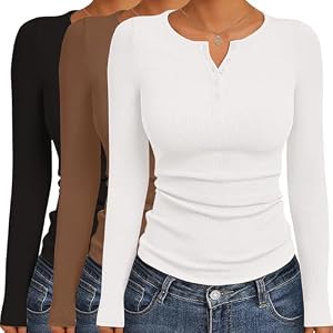 Ekouaer Damen Thermo Langarmshirt Henley 3er-Pack Schwarz/Weiß/Braun M