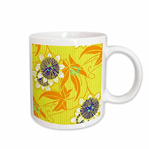 3dRose Art Nouveau Blue Flowers on Yellow 11oz Mug