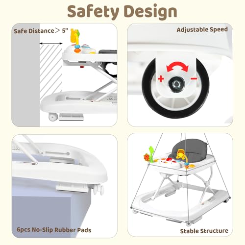 TODEFULL Foldable Baby Walker, 3 in 1 Baby Activity Center for Boys Girls, Toddler Walker w/Adjustable Height Speed, Learning-Seated & Walk-Behind, Infant Walker for 6-12 Months, Music Toys, Grey - Thumbnail 4