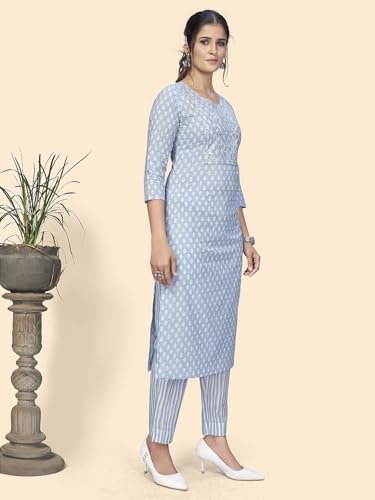 Image of Vbuyz Women's Printed & Hand Work Straight Cotton Blend Parrot Green Kurta,Pant with Dupatta | Kurta Set with Dupatta for Women | Suit Set | Ethnic Set | Printed Kurta Set | Salwar Set for Women