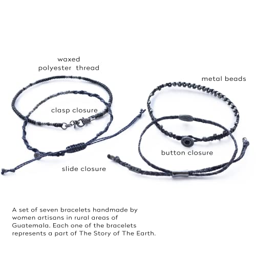 Wakami Earth Handmade Boho Bracelets Set Of 7 | Braided Indie Bracelets For Women And Men | Beaded, Stackable, Handmade By Artisans, Waterproof Waxed Thread, Glass Beads, Sliding And Button Closure | Dark Night #TOP3