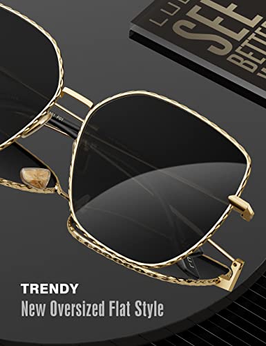 Image of LUENX Square Sunglasses for Women Oversized-Trendy Polygon Flat Three dimensional Rhombic Loop Wire Frame PC Lens, Gold Frame /Grey Lens,