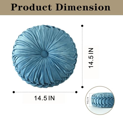 Image of HIG Set of 2 Dusty Blue Ruched Velvet Round Throw Pillows - 14.5'' Decorative Pillows with Soft Polyester Filling for Couch, Bed, Living Room, Bedroom, or Dorm - Handmade, Stress Relieving, All-Season