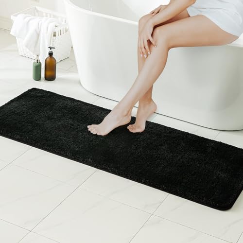 MIULEE Black Bathroom Runner Rugs Soft Microfiber Bath Mat 16x48 Inch