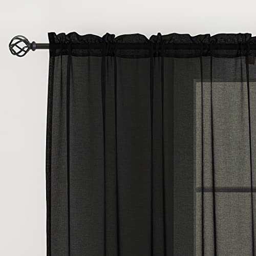 Image of Sheer Curtains 108 inch Length 2 Panels Set, Semi Sheer Privacy Curtain Drapes, Black Rod Pocket Window Treatments Voile Curtains for Windows Living Room Bedroom Sunroom French Doors, 52 inchW x 108 inchL