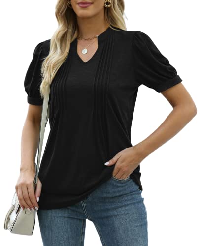 Xieerduo Black Blouses For Women V Neck Puff Short Sleeve Pleated Tunic Tops Xl #TOP21