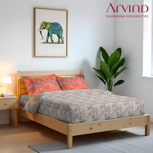 Image of Arvind Bedsheet Set - 100% Cotton Bedsheet for Double Bed (1 Queen Size Bedsheet with 2 Pillow Covers) Soft Breathable, 144 Thread Count - Slumber -Shade 10 (21031-B)