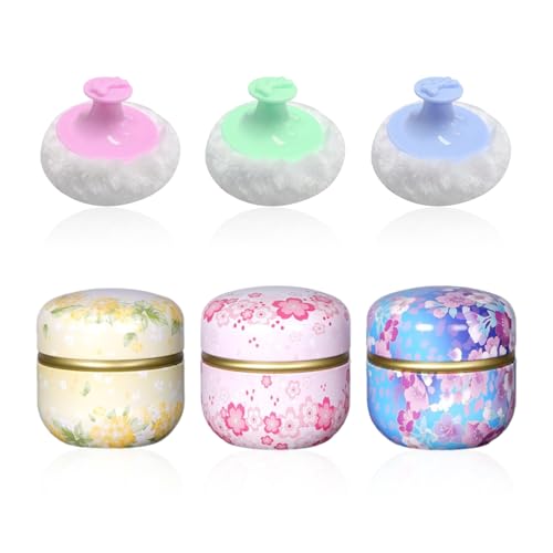 3 Piezas De Latas De Metal Con Patrón Floral Y 3 Piezas De Borlas De Polvo De Felpa, Borlas Para El Cuerpo, Borlas De Polvo Suaves Y Esponjosas, Juego De Borlas De Polvo Portátiles