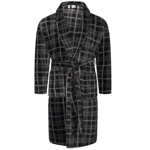 Adore Home Mens Soft Warm Flannel Fleece Bathrobe Dressing Gown Shawl, Check Grey, 2XL-3XL
