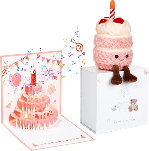 Birthday Cake Plush Toy Gifts for Women with LIGHTS&Recording 3D Pop Up Birthday Card Set-Soft Cuddly Cake Stuffed Animal Pillow Christmas Ideas Gift Birthday Gifts for Women Friends with Envelope