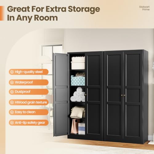 Image of Yizosh Metal Storage Cabinet with 2 Doors and 5 Adjustable Shelves - 71 inch Black Kitchen Pantry Storage Cabinet, 5-Tier Tall Steel Cabinet Locker for Kitchen, Living Room, Dining Room