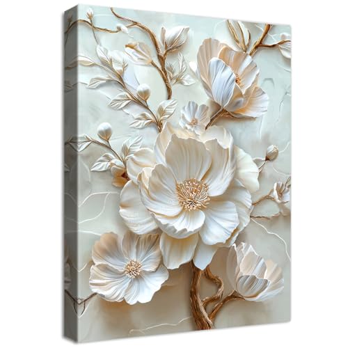 HALFLEMART Marco de Madera Cuadros Modernos Flor de Peonía Blanca en 3D Cuadro Decorativos Lienzo Pintura Floral Beige Imagen Póster Cuadros Decoracion Salon Dormitorio Comedor Pasillo Baño 40x60cm