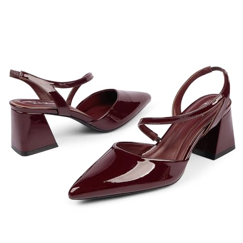 QIY Burgundy Closed Pointed Toe Heels Women Chunky Block Slingback Pumps by QIY - Used condition - Image 4