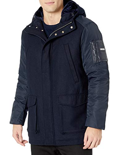 A|X Armani Exchange Men's Zip Up Caban Coat with Hood and Front Pockets, Navy, L