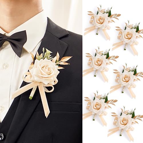 Serwalin 6 Pcs Champagne Boutonniere for Men Wedding, Groom and Best Man Boutonniere with Silk Rose Ceremony Anniversary Formal Dinner Party Artificial Flowers Prom Suit Decorations