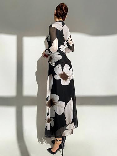 Image of Women's Bodycon Maxi Fashion Long Sleeve Floral Print Party Dresses