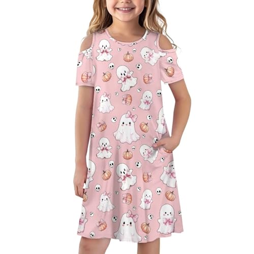 Short Sleeve Dresses for Girls Cold Shoulder Holiday Shirt Dress with Pockets