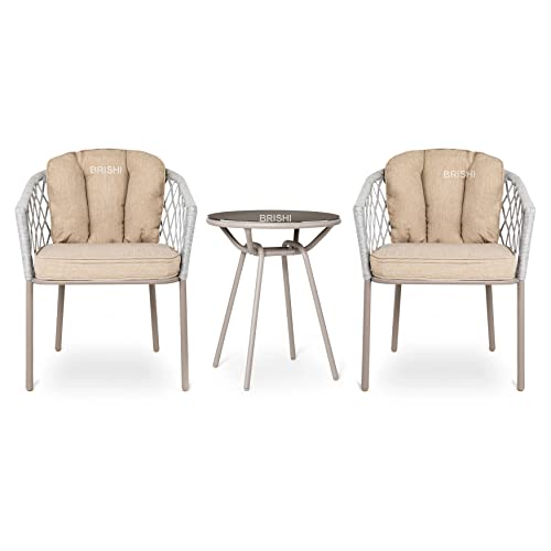 Image of BRISHI Garden Patio Seating Chair and Table Set Outdoor Balcony Garden Coffee Table Set Furniture with 1 Table and 2 Chairs Set with Cushion Braid & Rope (Grey)