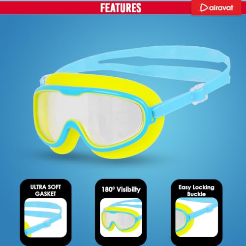 Image of AIRAVAT Macho swimming goggles for Kids Children Teens, polycarbonate goggles, Anti-Fog, Anti-UV, Wide View Swimming Goggles, Free size (Yellow)