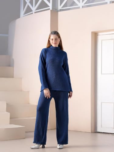 Image of Kvetoo Women Winter Coord Set Wool Blend High Neck Sweater and Wide Leg Pants Warm Tracksuit Pajama Set Two Piece Knitwear Travel Wear for Lounge Casual Office