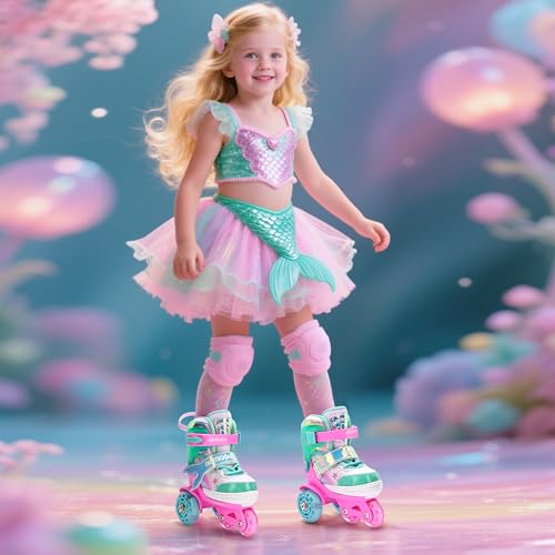 Image of NEMONE Mermaid 4 Size Adjustable Light up Roller Skates for Girls, Green Rose Skates for Toddlers, Beginner Kids Roller Skates Indoor Outdoor (Green XS New)